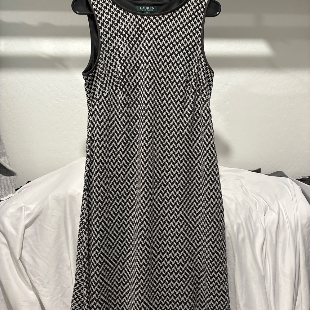 Lauren by Ralph Lauren Black & White Houndstooth Midi Dress with Black Trim